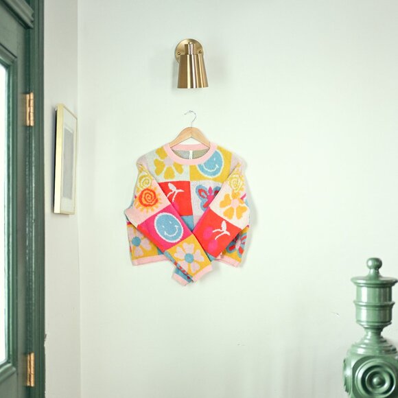 Quilted Square Wool Knit Sweater Retro Pink Yellow Blue - Picture 2 of 4